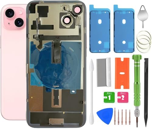 ALOCHSHOW 15 Plus Back Glass Replacement with Wireless Charging Flex Cable, Camera Frame All Parts for iPhone 15 Plus (6.7 Inch) Back Glass Replacement with Kit and Waterproof Tape (Pink)