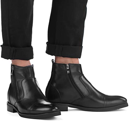 Image of CALTO Men's Invisible Height Increasing Elevator Shoes - Black Premium Leather Lightweight Zipper Boots - 3.2 Inches Taller - S28001 - Size 8 D(M) US