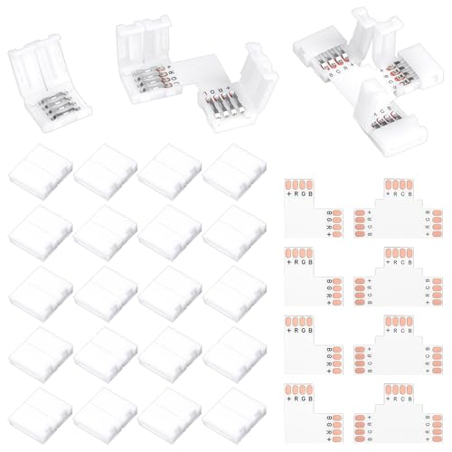 28 PCS Connecteur Ruban Led 4 Broches Pour Led Rgb Smd5050 10 mm, Ruban Led Avec Jonction, Connecteurs Sans Soudure pour Bandes, Éclairage Intérieur et...