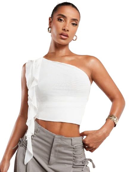 tivante Solid One Shoulder Tube Crop Top for Women with Frill On Shoulder || y2k Summer top for Women-picture-30