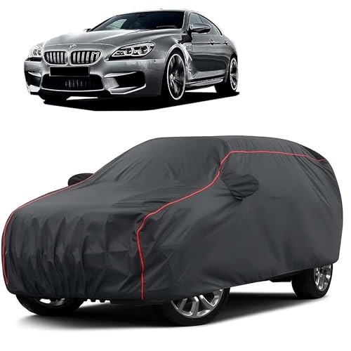Image of Sulfar 100% Water Resistant Car Body Cover Compatible with Mirror for BMW M6 (Triple Stitched, Full Bottom Elastic, Dark Grey Taffeta with Red Piping)