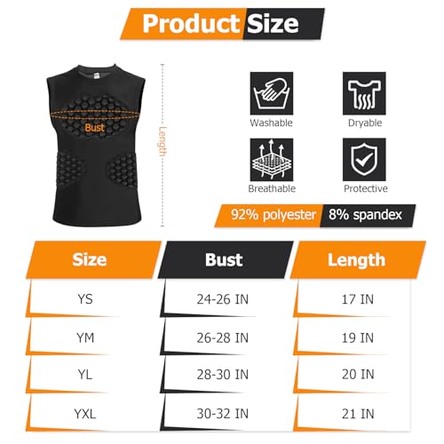 Gracfulcub Baseball Chest Protector Youth Padded Football Shirt, Chest Protector Baseball Youth, Football Padded Shirt for T Ball, Lacrosse & Goalies (Black, YL)