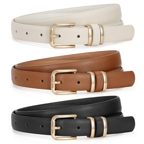 JASGOOD 3 Pack Women's Leather Belts for Jeans Dress Pants Trendy Belts with Gold Buckle