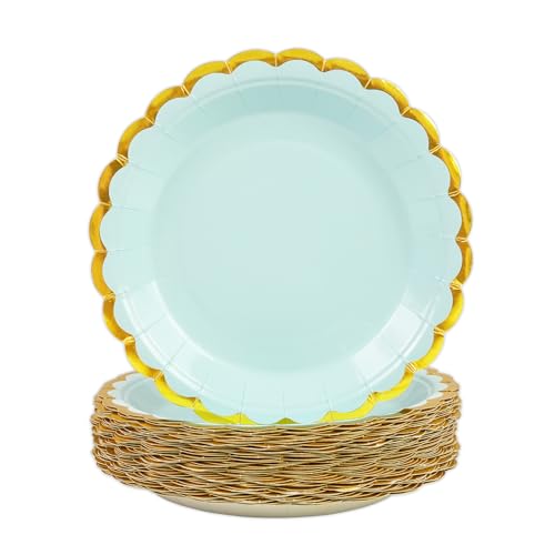 DHAIQC 50 pièces Assiette Jetable Festonnées 23cm, Bleu Assiettes en Carton Vaisselle Jetable Anniversaire pour Barbecue Anniversaire Fête Douche de bébé Mariages (Or Bleu, 23cm)