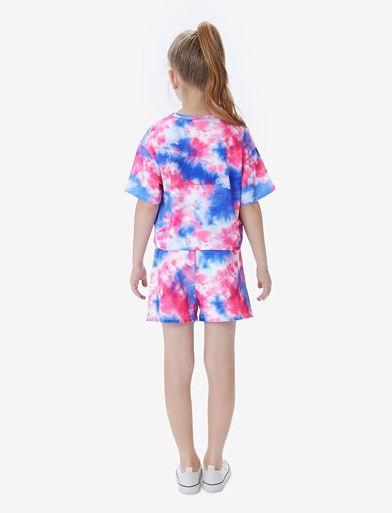 Image of PATPAT Girls Summer Outfit Crop Top T-Shirt Shorts Set Tie Dye 2 Piece Clothes Set 3-12Y