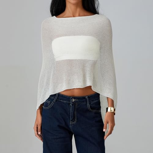 Seyurigaoka Womens Sheer Poncho Top Lightweight Knit Shrug Shawl Off The Shoulder Mesh Blouse Cover Up Tops(White,One Size) by Seyurigaoka - Image 3