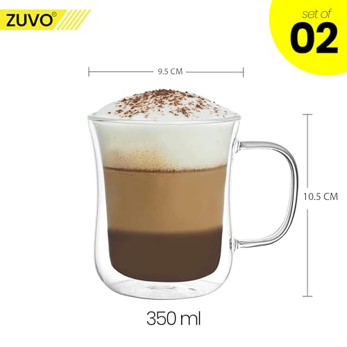 Zuvo Double Walled Glass Mugs Set (2-Pack) – Insulated Coffee Cups for Hot and Cold Drinks – Elegant, Heat-Resistant, Dishwasher Safe