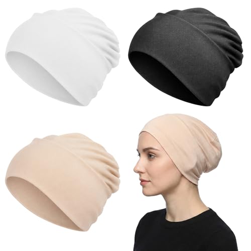 Aeaocvo 3 Pcs Women Hijab Undercap Non Slip Hijab Cap Solid Color Undercap Under Scarf for Women (Black White Khaki)