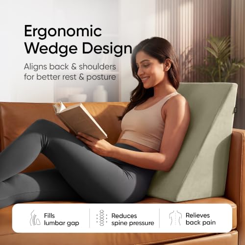Image of Frido Wedge Plus Cushion for Sleeping & Acid Reflux Relief | Memory Foam Pillow | High Resillience Foam | Orthopedic Wedge Cushion for Leg Elevator | Pregnancy | GERD | Sage Green- Pack of 1