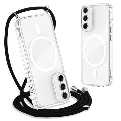 Yoedge Magnétique Collier Coque pour Samsung Galaxy A55 5G avec Cordon 6,5", [Compatible avec MagSafe] Transparent Réglable Lanyard Necklace Case, Ultra Mince Silicone Antichoc Housse, Noir