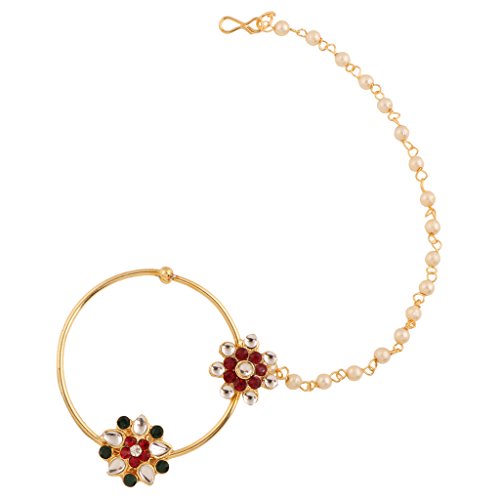 Dancing Girl Pink Green Indian Bridal Nose Ring with Chain Nath Traditional Nose Jewelry Non Pierced Clip On (Pink Green Kundan)
