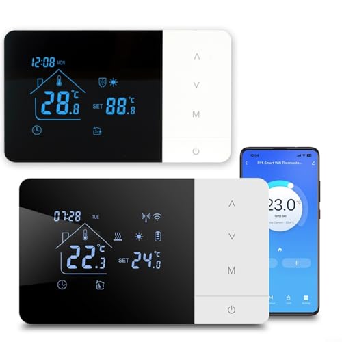 Termostato inalámbrico de caldera para Tuya para Smart Life, termostato programable inalámbrico, controlador de calefacción y refrigeración con control de voz, batería o USB (sin WiFi) + termostato)