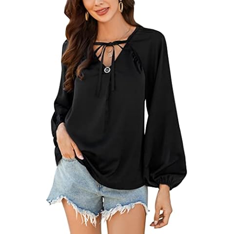 ThinkSTEM Women Blouse Long Sleeve T Shirt V Neck Drawstring Bow-Knot Top Loose Metal Button Blouse Elegant Lantern Sleeve Tunic Casual Top Black Cover
