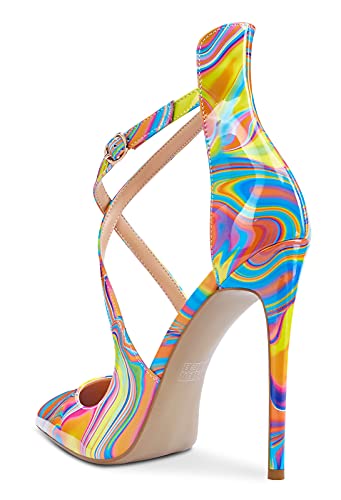 DearOnly Women's High Heels Cross Ankle Strap Pumps Pointed Toe 4.7" Inch Heel Buckle3