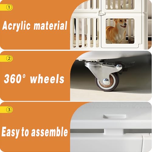 Acrylic Dog Crate Indoor with Wheels 34x 23x 30,Cute Plastic Easy Cleaning Pet Play Pen for Puppy Small Medium Dogs Playpen,White Houses Kennel - Image 5