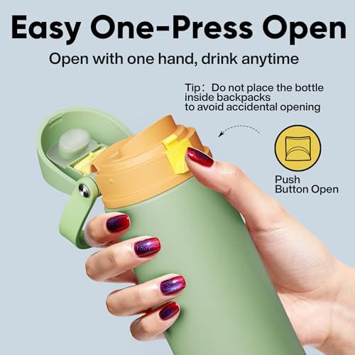 Image of Insulated Water Bottle with Straw - Encool Stainless Steel Water Bottle with Push Button Lid, Leak-Proof & BPA-Free, Keeps Cold for 24 Hours for Sports, Travel, Gym (24 oz, Lichen-Yellow)