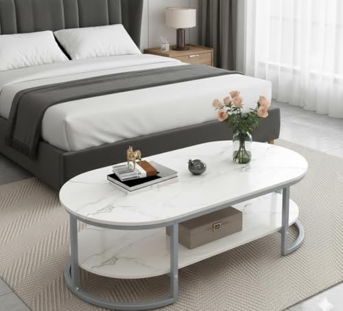 Image of CROWN ART SHOPPEE Coffee Tables for Living Room Modern Coffee Table Oval Sofa Table Center Tables for Living Room 2 Tier Side Table Small Apartment Home Furniture Black Gold 2T (Gry White)