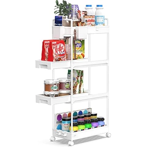 SPACEKEEPER Storage Trolley 4-Tier Rolling Utility Cart Storage Shelf on Wheels Multi-purpose Drawable Shelving Organizer for Office, Kitchen, Bathroom, Laundry Room, White Cover