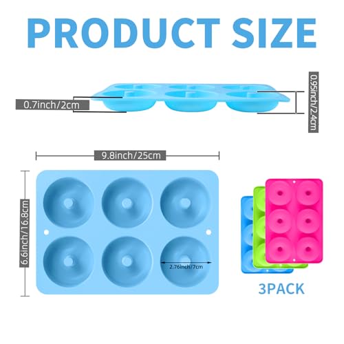 Doughnut Mould - 3 Pcs 6-Cavity Food Grade Silicone, Non-Stick Donut Mould for Baking, Reusable Doughnut Mould for Donuts Doughnuts, Bagels Muffins (Pink/Blue/Green) - Image 3