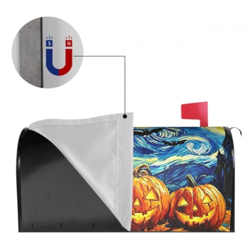 Image of Halloween Pumpkin Starry Night Mailbox Cover Magnetic 21x18 Inch | Fall Autumn Spooky Castle Bats Horror Mailbox Wrap Post Cover Standard Size for Garden Yard Outdoor Outside Holiday Decor