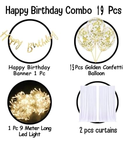 Image of MOOKE Gold Birthday Decoration Set - Happy Birthday Banner, Gold Confetti Balloons With LED Light, Unisex-Adults, Unisex-Kids (19)