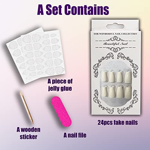 Qingge White Press On Nails Medium Length Coffin Fake Nails Solid Color Stick On Nails Glue On Nails Glossy Acrylic Nails False Nails For Women 24Pcs #TOP1