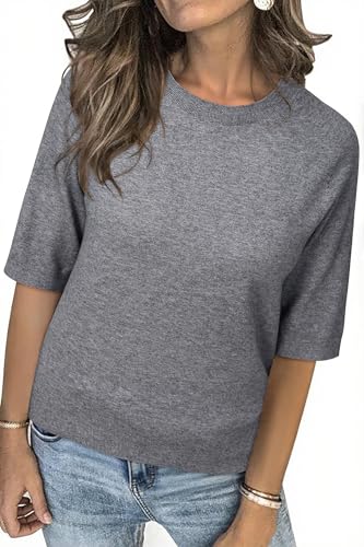 Image of Arach&Cloz Women's Short Sleeve Crew Neck Sweaters Trendy Teacher Work Tops