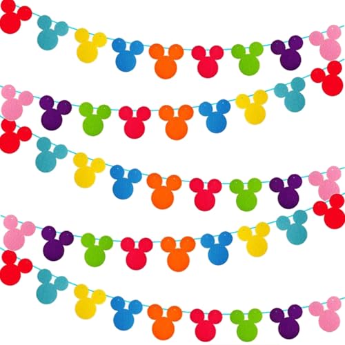 45pcs Rainbow Mouse Head Banner Flags Colorful Felt Fabric Cartoon Banners Reusable Cutouts Mouse Garland for Birthday Party Decoration Supplies Room Decor Baby Shower Classroom Decorations