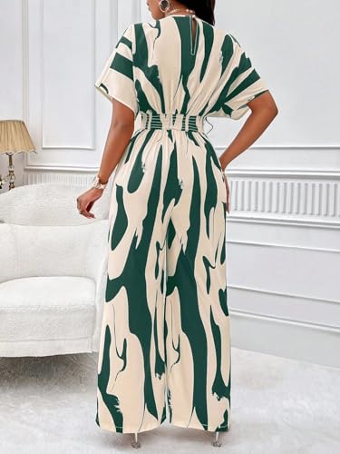 Image of PerZeal Women's V-Neck Short Sleeve Printed Jumpsuit with Pockets - Casual Wide Leg One-Piece Romper for Summer（S-XXL）