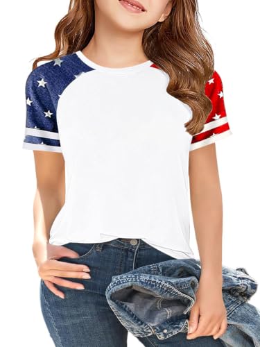 Image of CAZYCHILD Girls 4th of July USA Shirt American Flag Patriotic T-Shirt Independence Day Outfit for Kids 5-14Years