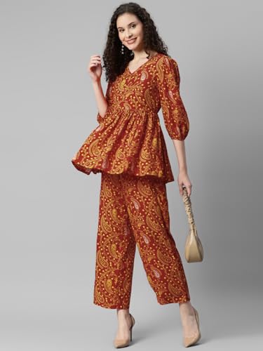 Image of DEEBACO Women's Paisley Print Rayon Top & Pants Co Ord Set For Women V Neck 3 /4 Puff Sleeve Ladies Party Casual Wear Fashionable For Girls Loose Fit Cord Set (DBCOMR00000988 XXL Multicolor)