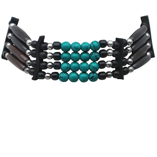 outROAR Gear American Indian Style Bone Choker Necklace, 4 Row Black/Teal Traditional Native Inspired Hairpipe Beads
