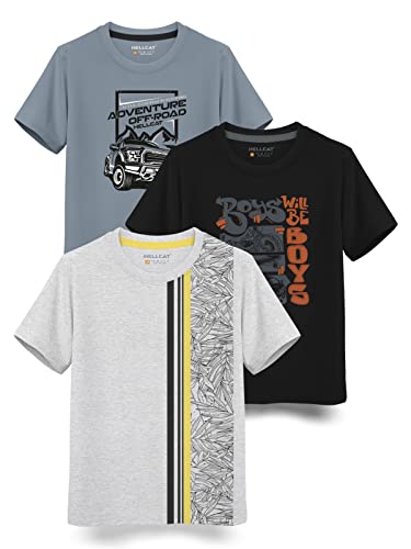Image of HELLCAT Boys Round Neck Printed Blended Cotton Tshirt -Combo Pack of 2 - Orange /Blue