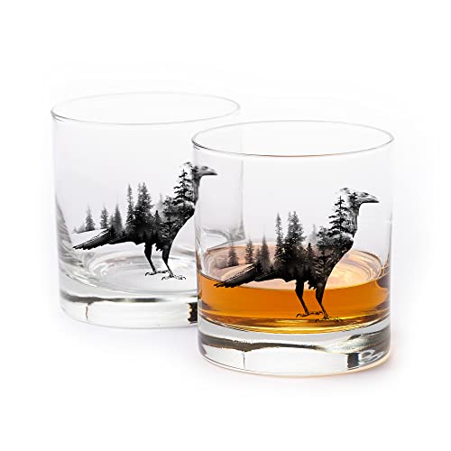 Black Lantern Whiskey Glasses - Unique Themed Cocktail & Everyday Use Drinking Glasses, Perfect for Outdoor Enthusiasts & Nature Lovers (Set of Two 11oz. Glasses) Blackbird and Forest Design