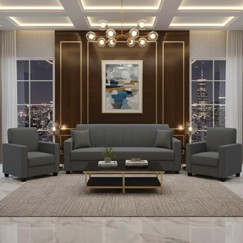 Image of FURNY Cosmos 5 Seater Fabric 3+1+1 Sofa Set (Dark Grey) Premium Velvet Finish | Durable Comfort | Ideal for Living Room, Office