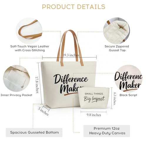 Image of ELEGANTPARK Appreciation Gifts for Women, Difference Maker Canvas Tote Set | Large zip-top tote with interior zip pocket for coworker, employee, volunteer, mentor, office assistant and farewell gifts