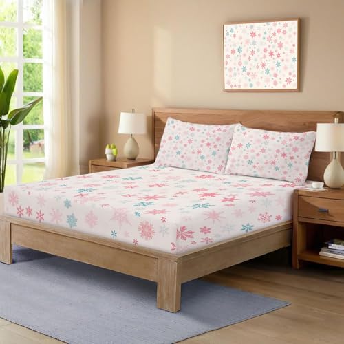 Drap housse doux motifs flocons mignons et coloris rose blanc tendance