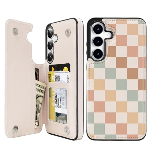 uCOLOR Wallet Case for Samsung Galaxy S26 Wallet Case with Card Holder,Flip Folio Leather Wallet Case Protective Cover (Pastel Check Vibes, S26)