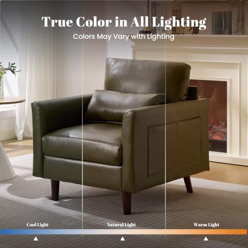 Image of Kingfun Faux Leather Armchair Sofa with Side Pocket,Olive Green