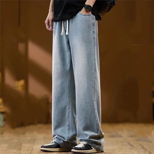 Men's High Retro Elastic Drawstring Baggy Jeans Fashion Straight Wide Leg Casual Jeans2