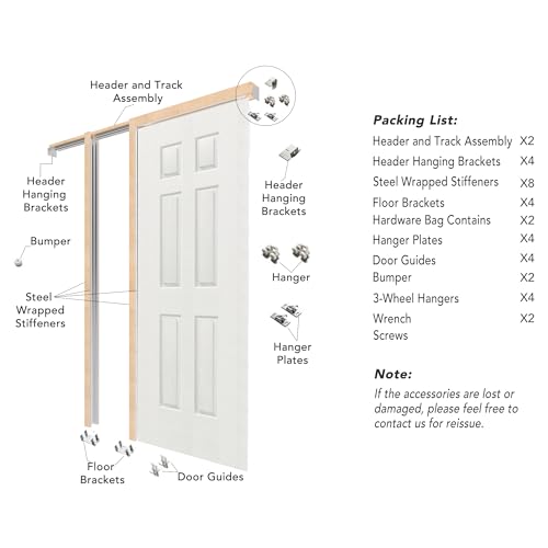 Image of 64 inch x 80 inch Sliding Pocket Interior Door, 6-Panel Hollow Core Pantry Door with Frame and Hardware Kit, Lightweight Closet Door, Waterproof PVC Surface, Easy to Install