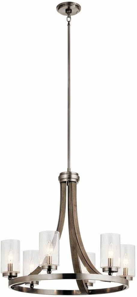 Kichler Grand Bank 22.5" 6 Light Chandelier with Clear Seeded Glass in Distressed Antique Gray Wood and Classic Pewter Metal