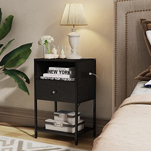 Ldttcuk Nightstand With Charging Station, Modern End Table With Drawer, Bedside Table With Open Storage For Bedroom,Black #TOP3