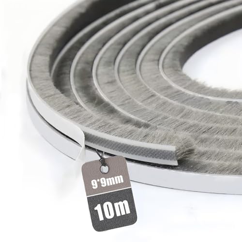 Vingspina Guarnizione a Spazzola Autoadesiva 10M(L) x 9mm(W) x 9mm(D), Antipolvere, Antivento, Riduzione del Rumore, Paraspifferi Spazzola Per Porte, Finestre, Armadi, Grigio