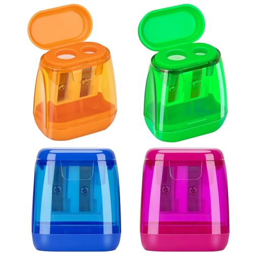 JEFURE Anspitzer mit Behälter 4 Stück, Anspitzer mit Doppellöchern und Dose, Handheld Bleistiftspitzer für Dicke und Dünne Stifte, Dosenspitzer Kinder, Anspitzer für Schule Büro 4 Farben