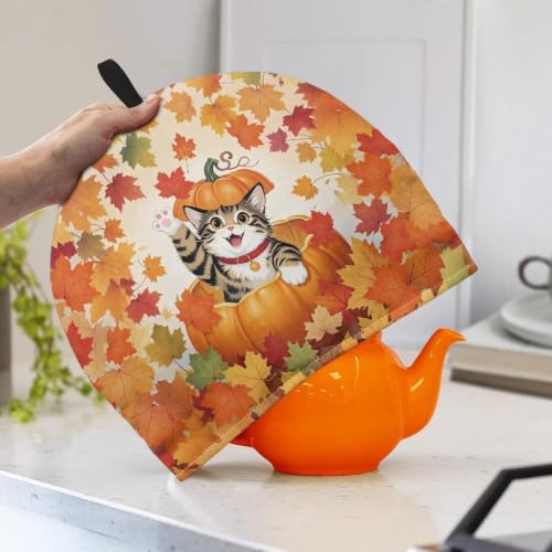 Image of Hudotybom Fall Maple Cat Tea Pot Cozies Thanksgiving Coffee Breakfast Warmer Teapot Dustproof Insulated Covers Tea Kettle Quilt for Kitchen