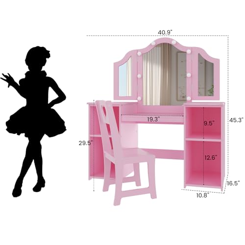 Kids Vanity Table, Princess Makeup Desk & Chair Set with touch Light Detachable Tri-Folding Mirror, Open Storage Shelves, Wooden Girls Vanity Dressing Table, Pretend Play Vanity Set for Toddler