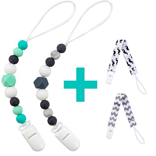 Pacifier Clip for Baby Boys Girls, 4 Pack Paci Clips Holder Silicone Teething Beads Teether Toys Soothie Binky Clips (Green, Grey)