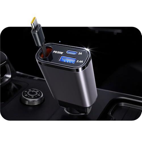 BYGD Adattatore per caricabatterie da auto retrattile 3 in 1, adattatore per telefono da auto PD da 50 W con cavo estensibile di tipo C, ricarica rapida doppia porta USB da 3 A e 2,4 A, presa da 12 V