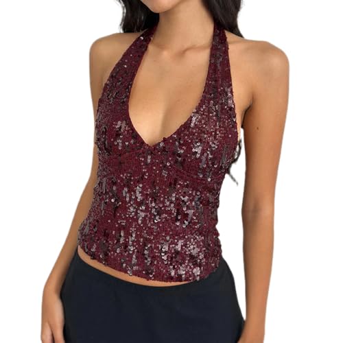 YILEEGOO Women's Sequin Top V Neck Sleeveless Sparkle Camisole Glitter Tanks Tops Shimmer Going Out Cami Club Party Vest (Z3-Wine Red, M)